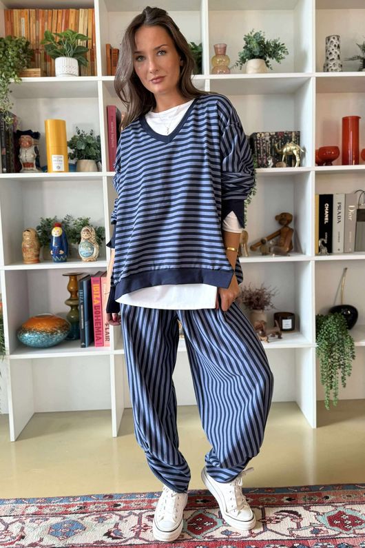 The Sunday Morning Stripe Twist Pant Navy Denim